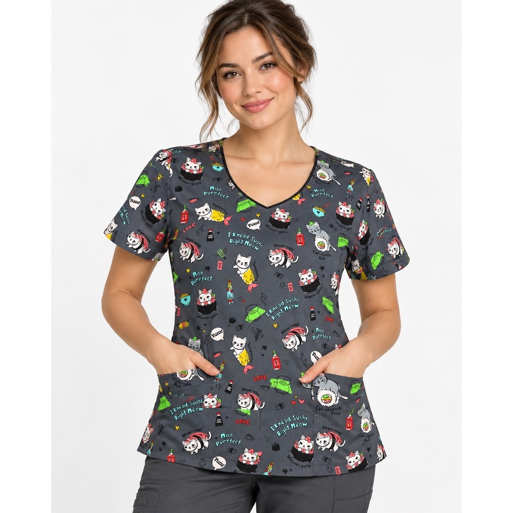 Dickies Sushi Cat Print Scrub Top Gray V-Neck Short Sleeve XS I Knead Sushi Meow